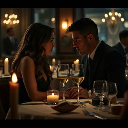 A suspenseful and intense scene inspired by the movie 'All the Old Knives' (2022), set in an upscale restaurant with dim lighting
