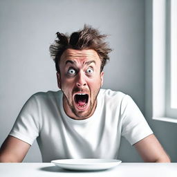 This is a hyper-realistic digital art piece featuring a man expressing shock as he looks at an empty white plate on a white table