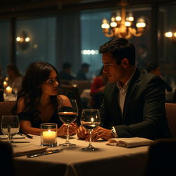 A suspenseful and intense scene inspired by the movie 'All the Old Knives' (2022), set in an upscale restaurant with dim lighting