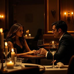 A suspenseful and intense scene inspired by the movie 'All the Old Knives' (2022), set in an upscale restaurant with dim lighting