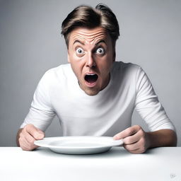 This is a hyper-realistic digital art piece featuring a man expressing shock as he looks at an empty white plate on a white table