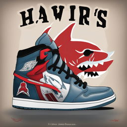 This is a digital art image of a pair of Air Jordan shoes, uniquely decorated with the iconic 'Jaws' movie poster design