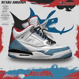 This is a digital art image of a pair of Air Jordan shoes, uniquely decorated with the iconic 'Jaws' movie poster design