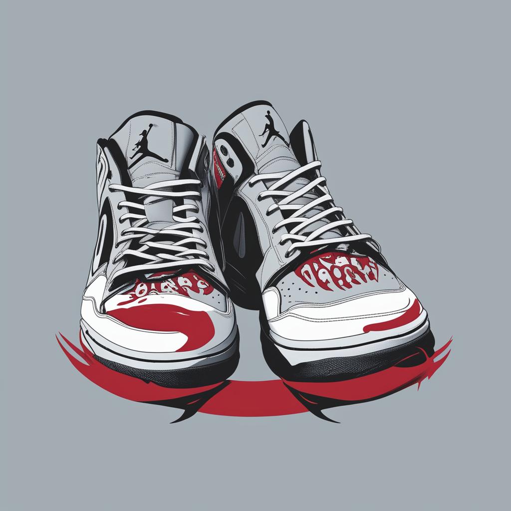 This is a digital art image of a pair of Air Jordan shoes, uniquely decorated with the iconic 'Jaws' movie poster design