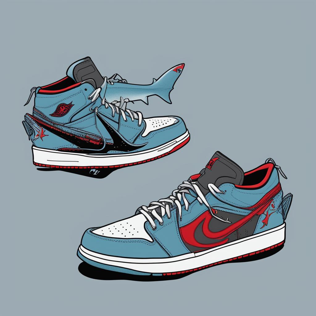 A digital art image of a pair of Air Jordan shoes, uniquely decorated with the iconic 'Jaws' shark design