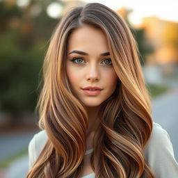 A stunning portrait of a young woman with long, flowing hair that has been expertly styled