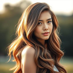 A stunning portrait of a young woman with long, flowing hair that has been expertly styled