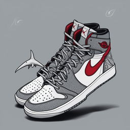 A digital art image of a pair of Air Jordan shoes, uniquely decorated with the iconic 'Jaws' shark design