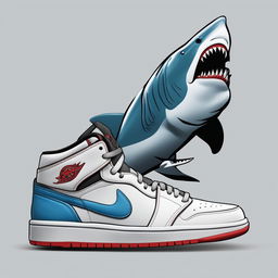 A digital art image of a pair of Air Jordan shoes, uniquely decorated with the iconic 'Jaws' shark design