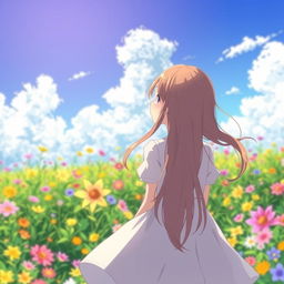 A young girl gazing at a vibrant field of flowers from the back, in anime style