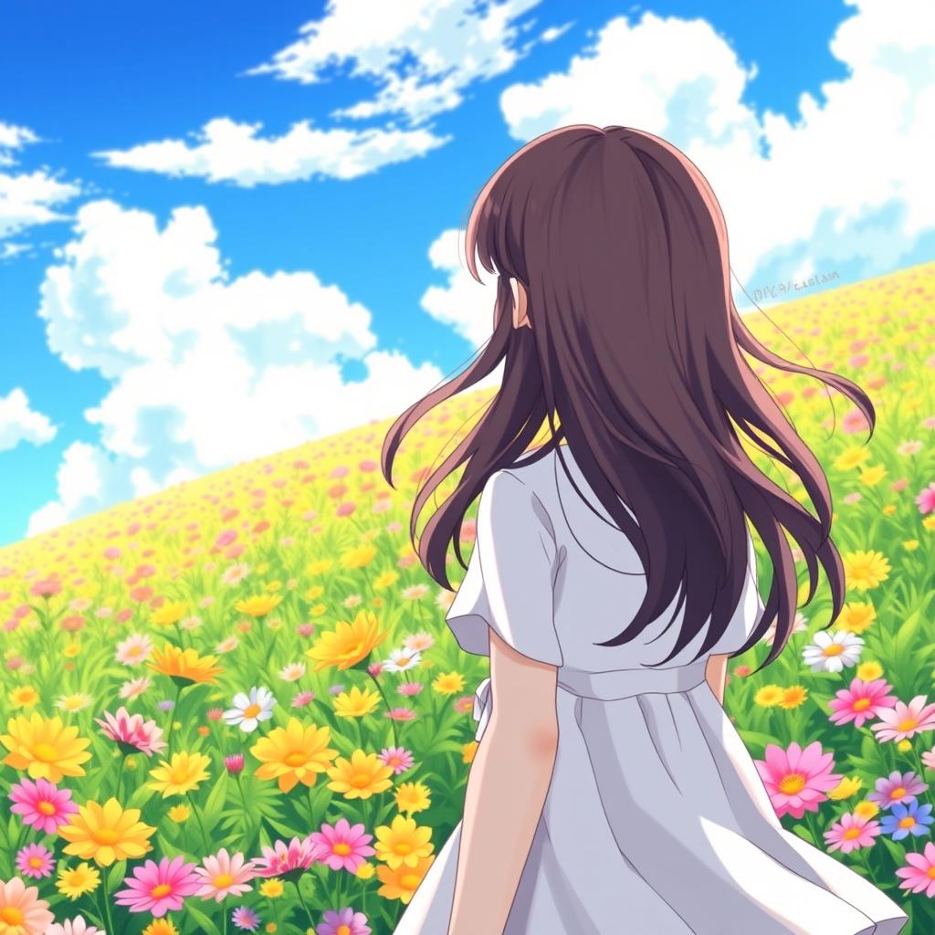 A young girl gazing at a vibrant field of flowers from the back, in anime style