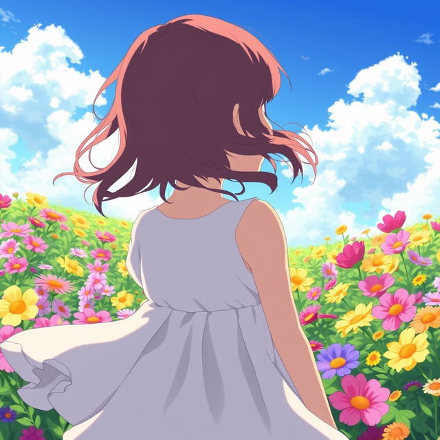 A young girl gazing at a vibrant field of flowers from the back, in anime style