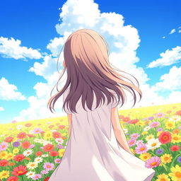 A young girl gazing at a vibrant field of flowers from the back, in anime style