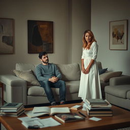A dramatic and intimate depiction of a couple in a marital conflict, set in a modern yet minimalist living room