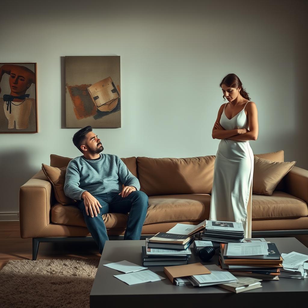 A dramatic and intimate depiction of a couple in a marital conflict, set in a modern yet minimalist living room