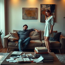 A dramatic and intimate depiction of a couple in a marital conflict, set in a modern yet minimalist living room