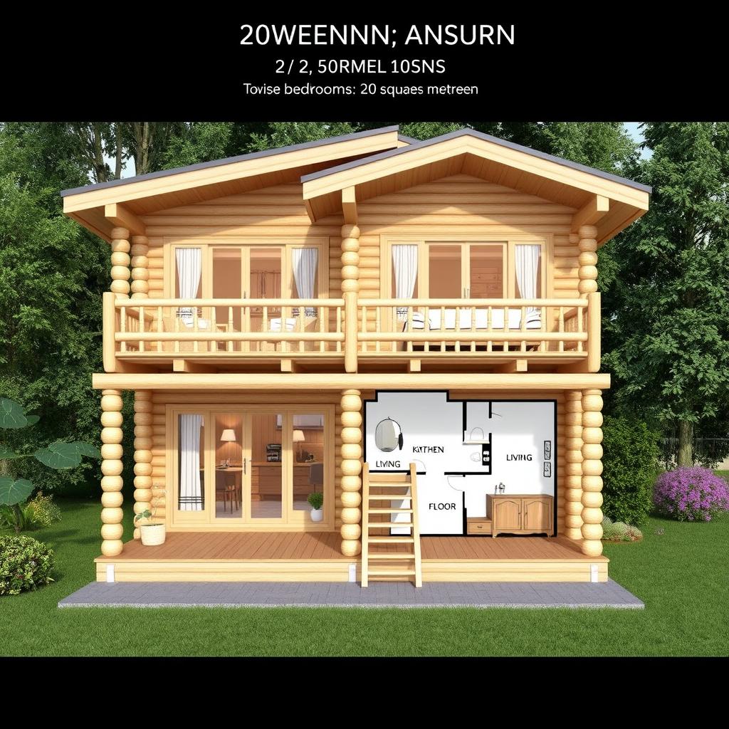 A detailed architectural blueprint of a duplex wooden cabin with a total area of 70 square meters