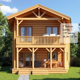 A detailed architectural blueprint of a duplex wooden cabin with a total area of 70 square meters