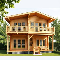 A detailed architectural blueprint of a duplex wooden cabin with a total area of 70 square meters