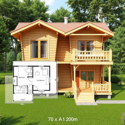 A detailed architectural blueprint of a duplex wooden cabin with a total area of 70 square meters