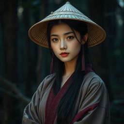 A photorealistic portrait of a young woman with long black hair, wearing a traditional Asian-style conical hat