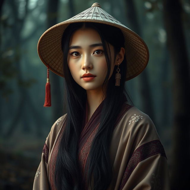 A photorealistic portrait of a young woman with long black hair, wearing a traditional Asian-style conical hat