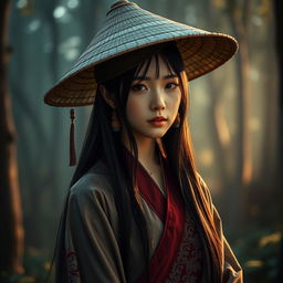 A photorealistic portrait of a young woman with long black hair, wearing a traditional Asian-style conical hat