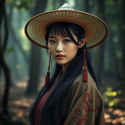 A photorealistic portrait of a young woman with long black hair, wearing a traditional Asian-style conical hat