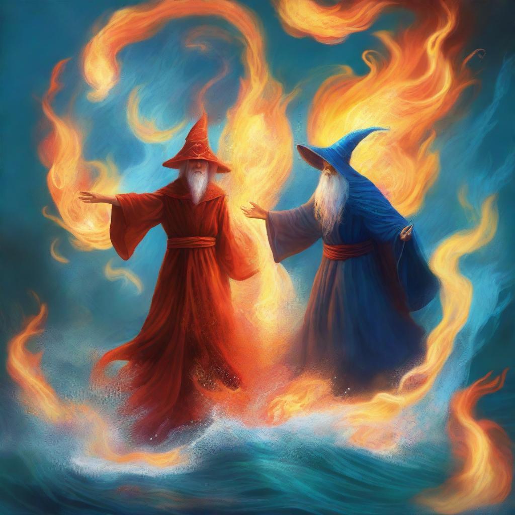 A digital art book cover in the style of magical realism, featuring a fire wizard and a water wizard