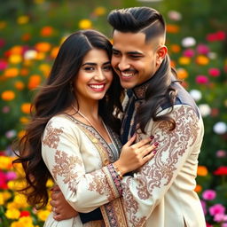 A beautiful Persian woman with long, flowing dark hair and striking features, embracing her partner who has short, stylishly cut hair, both wearing elegant traditional Persian attire with intricate patterns