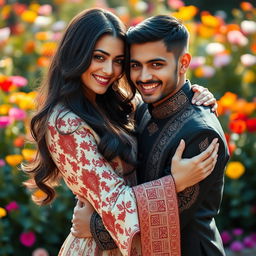 A beautiful Persian woman with long, flowing dark hair and striking features, embracing her partner who has short, stylishly cut hair, both wearing elegant traditional Persian attire with intricate patterns