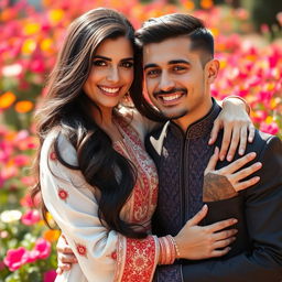 A beautiful Persian woman with long, flowing dark hair and striking features, embracing her partner who has short, stylishly cut hair, both wearing elegant traditional Persian attire with intricate patterns