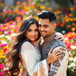 A beautiful Persian woman with long, flowing dark hair and striking features, embracing her partner who has short, stylishly cut hair, both wearing elegant traditional Persian attire with intricate patterns