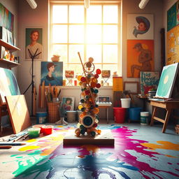 A vibrant and dynamic scene representing the concept of creativity, featuring a colorful artist's workshop filled with various art supplies like paints, brushes, and canvases