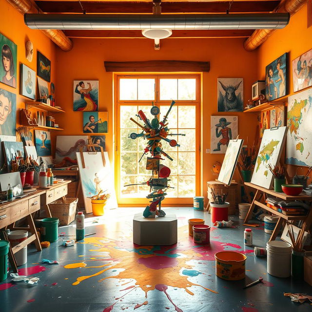 A vibrant and dynamic scene representing the concept of creativity, featuring a colorful artist's workshop filled with various art supplies like paints, brushes, and canvases