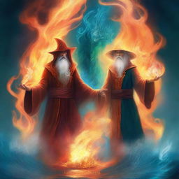 A digital art book cover in the style of magical realism, featuring a fire wizard and a water wizard