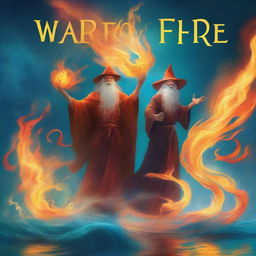 A digital art book cover in the style of magical realism, featuring a fire wizard and a water wizard