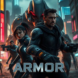 A dynamic and thrilling trailer scene for the upcoming film 'ARMOR', set in a dystopian future where advanced exosuits and cybernetic enhancements are the norm