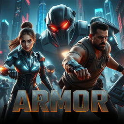 A dynamic and thrilling trailer scene for the upcoming film 'ARMOR', set in a dystopian future where advanced exosuits and cybernetic enhancements are the norm