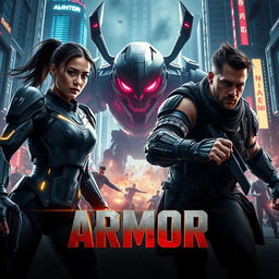 A dynamic and thrilling trailer scene for the upcoming film 'ARMOR', set in a dystopian future where advanced exosuits and cybernetic enhancements are the norm