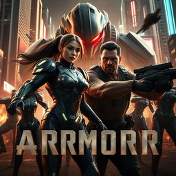 A dynamic and thrilling trailer scene for the upcoming film 'ARMOR', set in a dystopian future where advanced exosuits and cybernetic enhancements are the norm