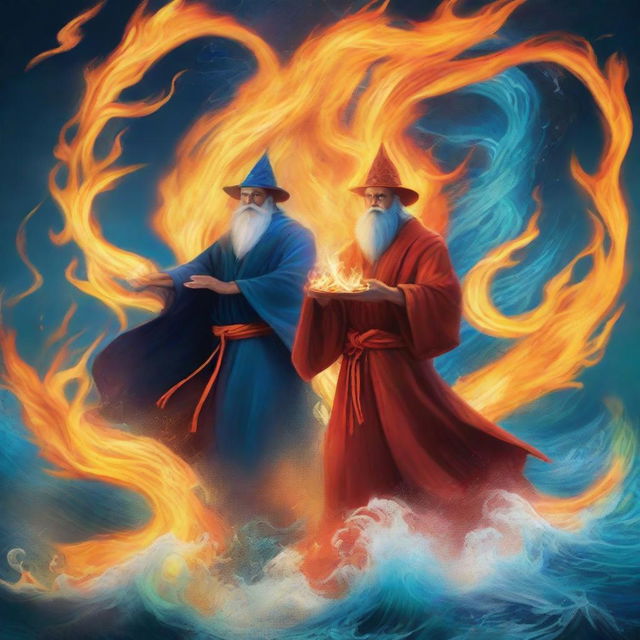 A digital art book cover in the style of magical realism, featuring a fire wizard and a water wizard