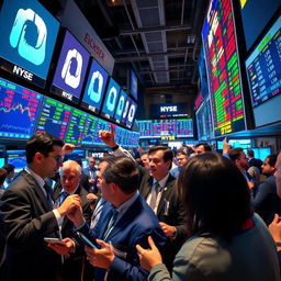 A dynamic and vibrant image depicting a bustling stock market scene, featuring a diverse group of traders on the trading floor, actively discussing and analyzing stock graphs on large digital screens