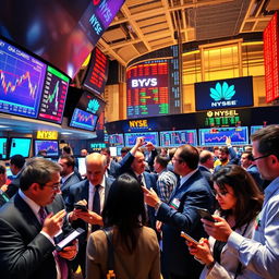 A dynamic and vibrant image depicting a bustling stock market scene, featuring a diverse group of traders on the trading floor, actively discussing and analyzing stock graphs on large digital screens