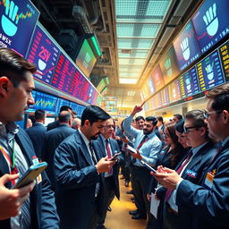 A dynamic and vibrant image depicting a bustling stock market scene, featuring a diverse group of traders on the trading floor, actively discussing and analyzing stock graphs on large digital screens