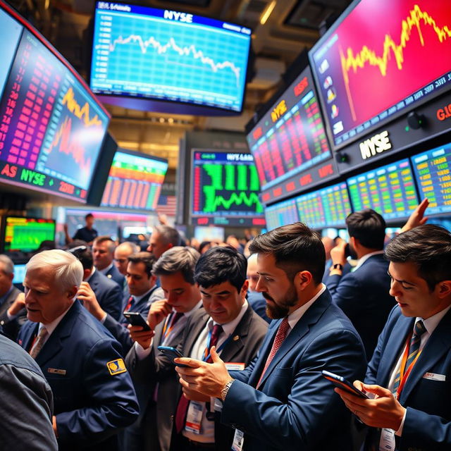 A dynamic and vibrant image depicting a bustling stock market scene, featuring a diverse group of traders on the trading floor, actively discussing and analyzing stock graphs on large digital screens