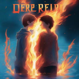 A high-quality digital art book cover, showcasing two teenage boys imbued with the magic of fire and water