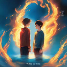 A high-quality digital art book cover, showcasing two teenage boys imbued with the magic of fire and water