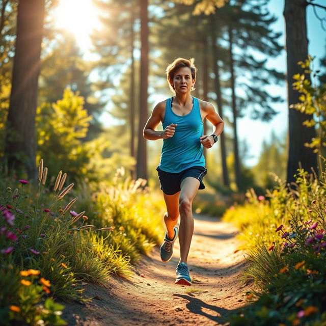 A vibrant scene depicting a dynamic runner in mid-stride on a sunlit trail, surrounded by lush greenery and colorful wildflowers