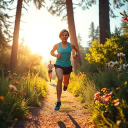 A vibrant scene depicting a dynamic runner in mid-stride on a sunlit trail, surrounded by lush greenery and colorful wildflowers